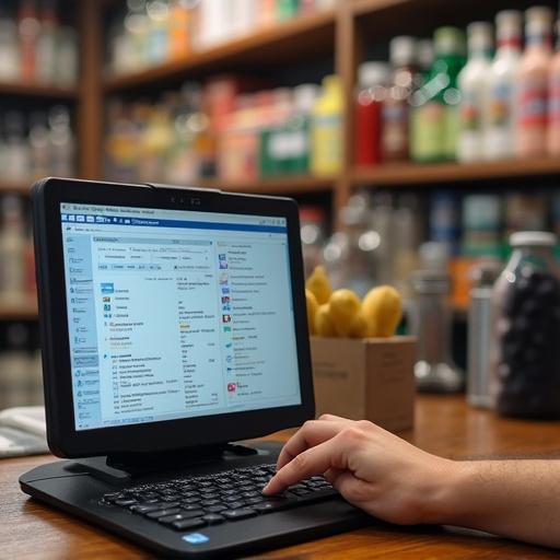 Realistic depiction of a workspace showing a retail point of sale system. Laptop with software interface visible. Hand interacting with the keyboard. Well-organized background of a grocery store. Products and bottles visible on shelves. Setting conveys a business environment with focus on software utility.
