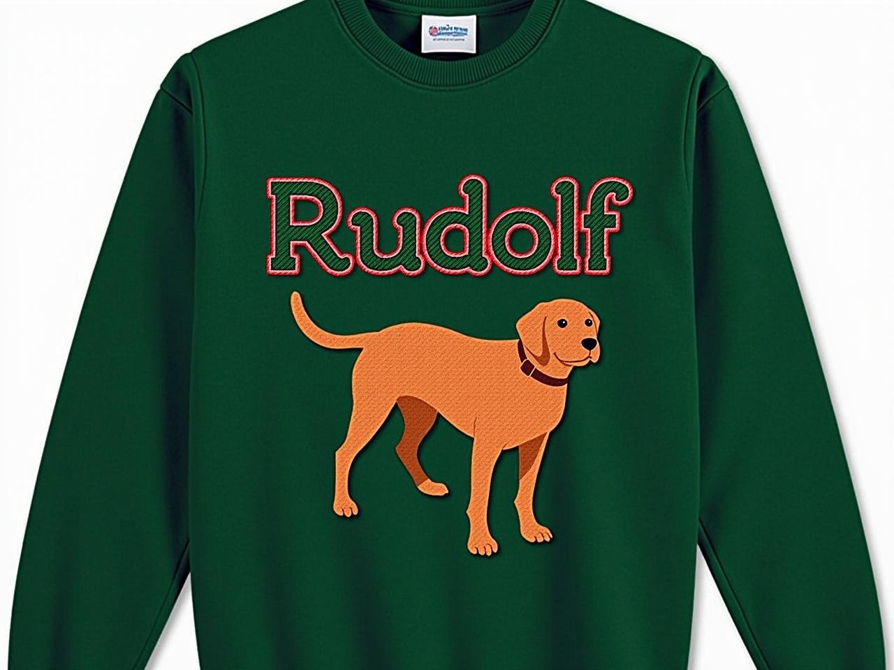 This image showcases a forest green oversized crew neck sweater featuring a unique design. The centerpiece is a reddish-brown dog embroidered prominently on the front. Above the dog, the name 'Rudolf' is displayed in large, university-style font. The text is elegantly stitched with green thread, outlined in red for contrast. This piece is perfect for casual wear and holiday gifting.