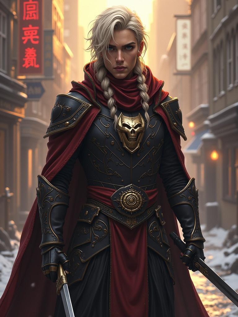 A character inspired by a fantasy game stands heroically. The character wears a detailed black and red outfit with intricate designs. The backdrop shows a snowy street with medieval architecture. The character holds swords at their side. A powerful aura surrounds this character.