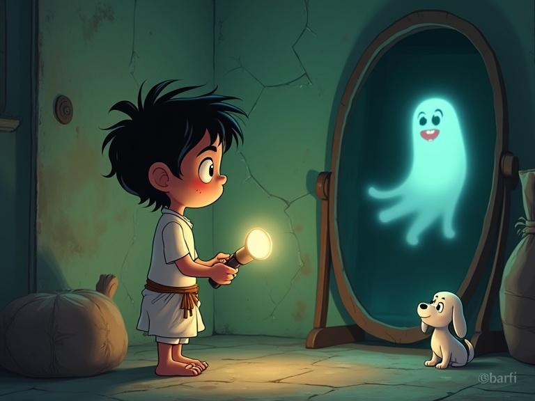 2D animation in a cartoon style, a dusty Indian sweet shop's storage room, dimly lit, Chintu an 8-year-old boy in a white kurta pajama holding a flashlight, gazing at a cracked oval mirror showing Bhootiya Bua, a glowing ghost in a pink saree. Nearby a tiny white puppy Barfi peeks from a sack.