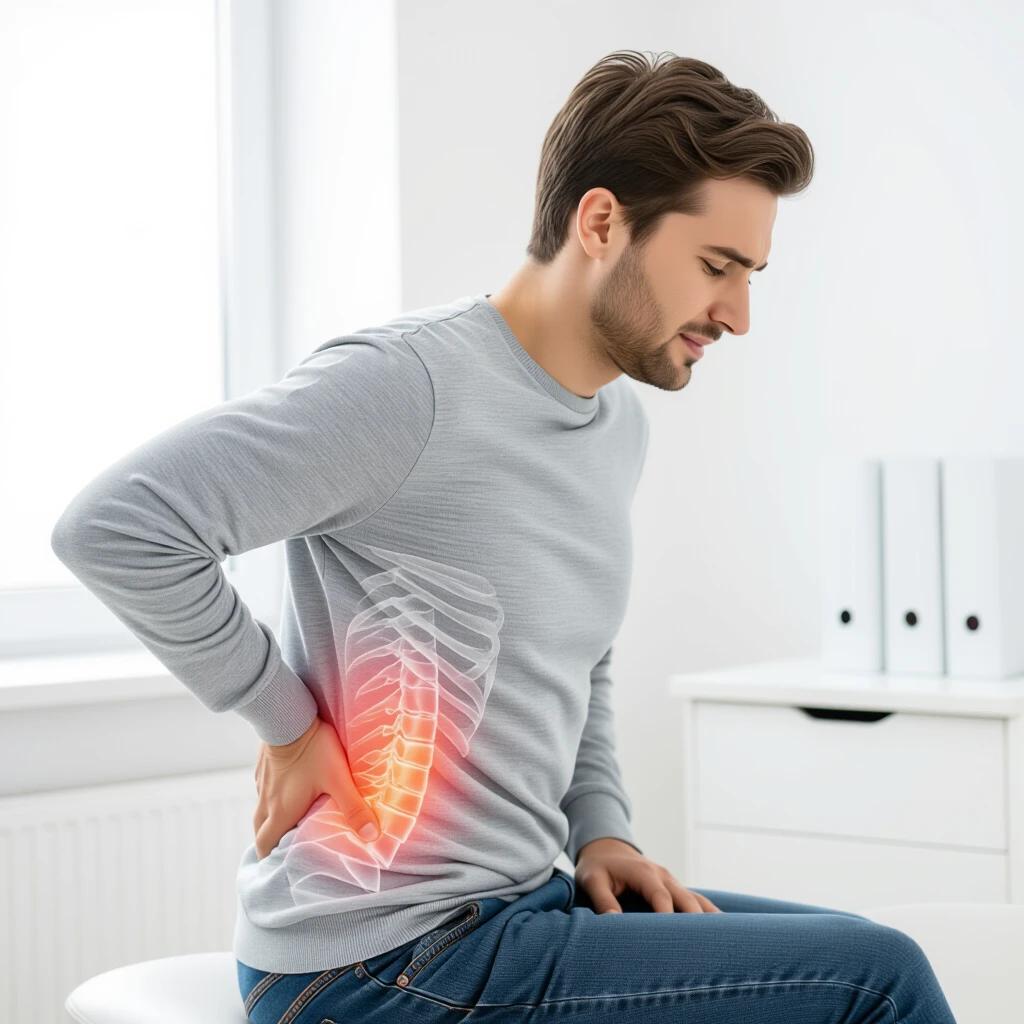 Image depicts a young man with back pain sitting on an exam table. Bright light fills the room. He is grimacing, holding his lower back. A visual of spine alignment highlights the pain area.