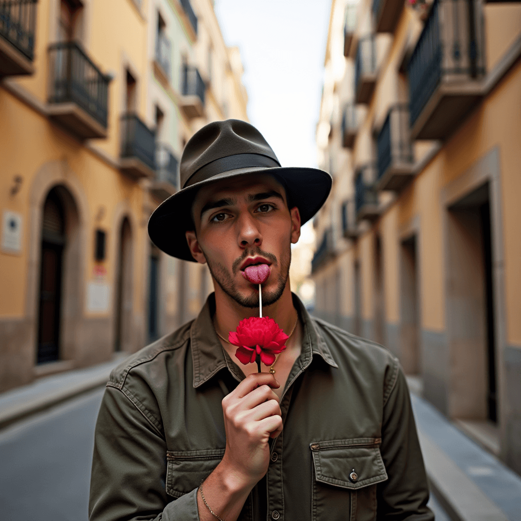 A person in an olive green shirt and wide-brimmed hat playfully holds a red flower to their mouth, standing in a narrow alley with warm-toned buildings and balconies.