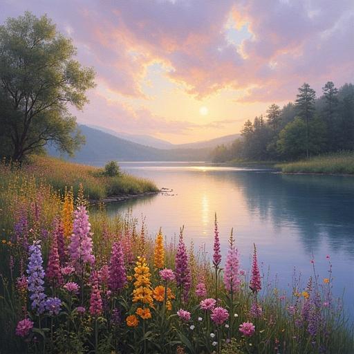Vibrant wildflowers beside a serene lake in an oil painting. Romantic landscape style by Richard Schmid. High resolution image featuring calm reflections and gentle breeze effect. Rich purples and soft golds with glowing horizon light.