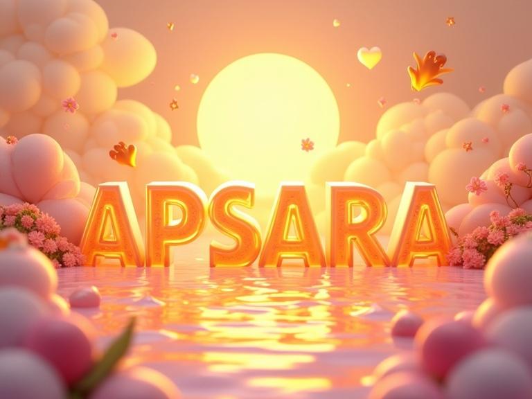 A stunning 3D illustration with luminous letters. Name 'APSARA' in yellow-pink glass. Mesmerizing gradient and glow. Playful cartoon elements include radiant sun hearts flowers and stars. Warm dust-free background invites dreamlike ambiance.