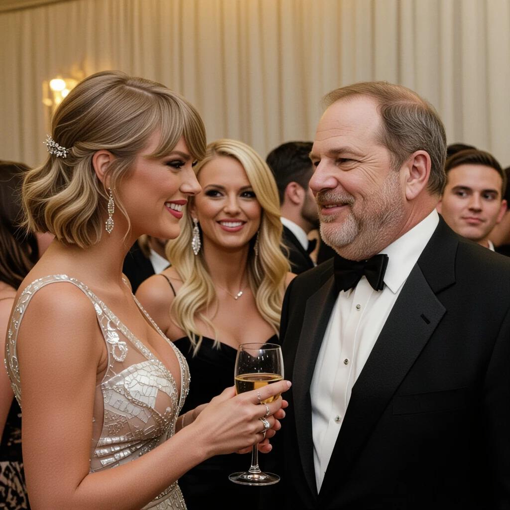 Party scene featuring a conversation between a woman and a man. Social gathering with people in the background. Elegant evening attire and sophisticated atmosphere.
