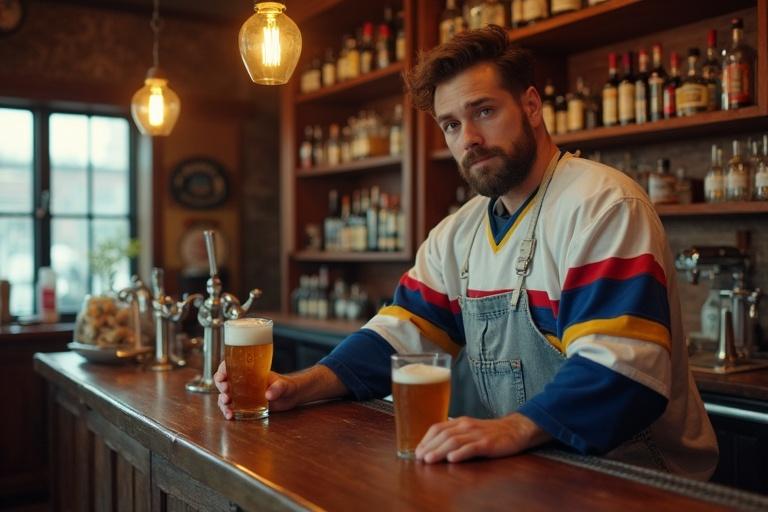 A bartender behind the counter holds two glasses of beer. The environment is warm and inviting. The bartender looks like a former ice hockey player. The bar features various bottles of alcohol and a rustic wooden design.