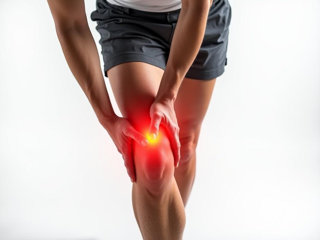 A person in shorts is standing while holding their knee with both hands, expressing discomfort. The knee area is emphasized with a red glow, illustrating pain or injury. The individual is situated against a plain white background, focusing attention on the knee. This image showcases the physical struggle some individuals face regarding knee pain. It serves as a visual representation of sports injuries or joint discomfort that can occur during physical activities.