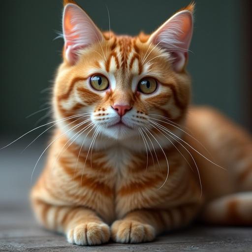 An orange tabby cat rests with a focused expression. The fur features distinct stripes. Its large green eyes gaze straight ahead. Whiskers are prominent and nose is pink. The background is softly blurred, enhancing the cat's detail.