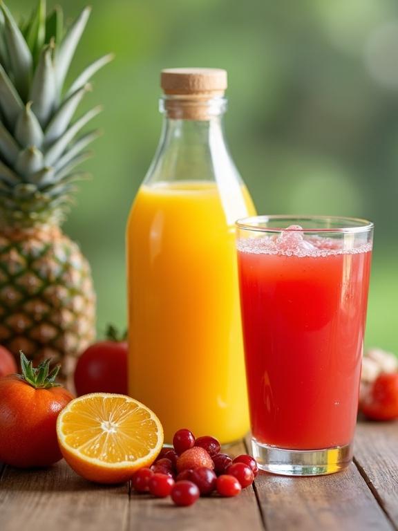 The image features fresh fruit juices displayed with vibrant colors. A glass filled with red juice sits prominently in front of a bottle of yellow juice. Various fruits including tomatoes, oranges, and a pineapple are arranged around the drinks.
