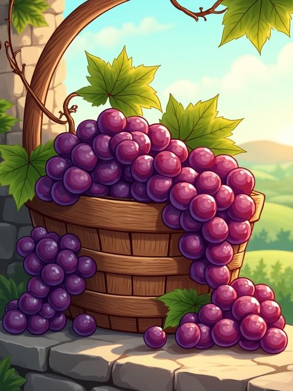 A vibrant cartoon-style illustration. A rustic wooden basket is overflowing with juicy grapes. Grapes have deep purple green and red hues. Glossy highlights make grapes appear fresh. Add curled vines and large grape leaves. The basket has a textured handcrafted look. Place on a sunlit stone ledge against a Tuscan background. Use warm saturated colors. Playful shading enhances the cheerful aesthetic. Tiny water droplets make grapes tempting.