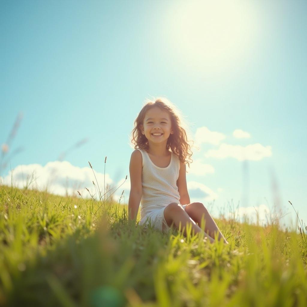 A young girl sitting in a lush green field, smiling happily under a bright sun with blue sky and scattered clouds.