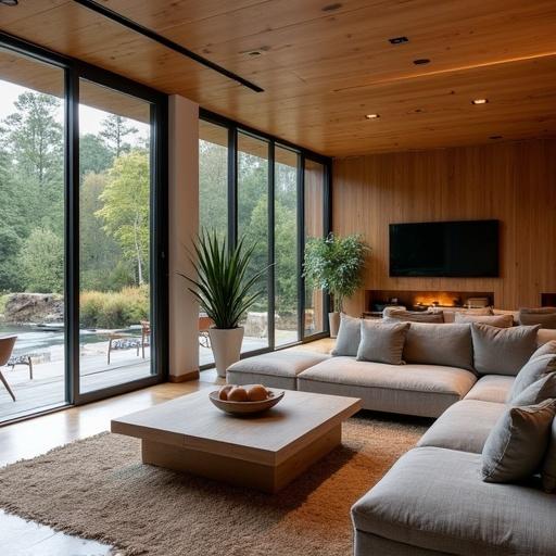 Full HD image showcasing a modern living room in DMT style. Spacious area with large windows letting in natural light. Minimalist furniture design with a sectional sofa and a wooden coffee table. Indoor plants add a touch of nature.
