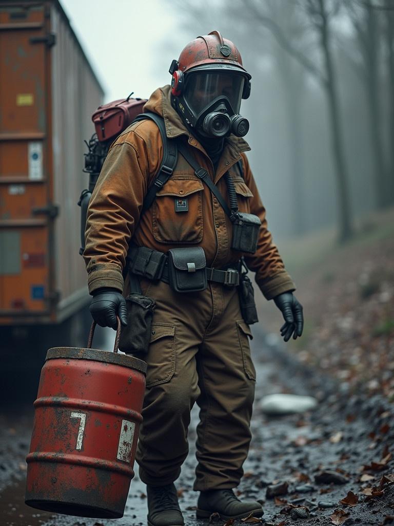 A worker is wearing a safety outfit. He holds a hazardous barrel. The background is foggy and features tall trees. The scene looks eerie and apocalyptic. The setting appears to be a recycling zone. The atmosphere seems tense and foreboding.