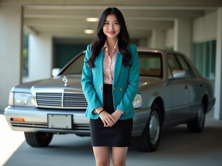 Photorealistic image of a glamorous young Chinese car saleswoman standing beside a silver estate car in an outdoor parking garage. She wears a turquoise blazer over a blush-pink blouse and a black knee-length skirt. Her long black hair flows down, and her outfit is complemented by sheer pantyhose and closed-toe heels. The setting is bright, stylish, and luxurious.