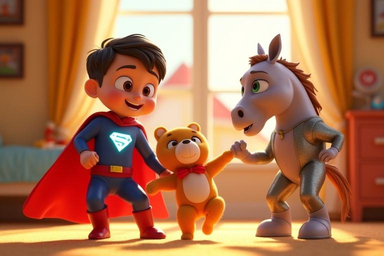 A vibrant 3D animated scene in a sunny bedroom. Characters include a superhero with a red cape and blue suit. A futuristic metallic horse with glowing eyes stands next to a cheerful teddy bear. The scene captures excitement and joy. Bright colors dominate the image, enhancing engagement. A red-roofed house is visible in the background.