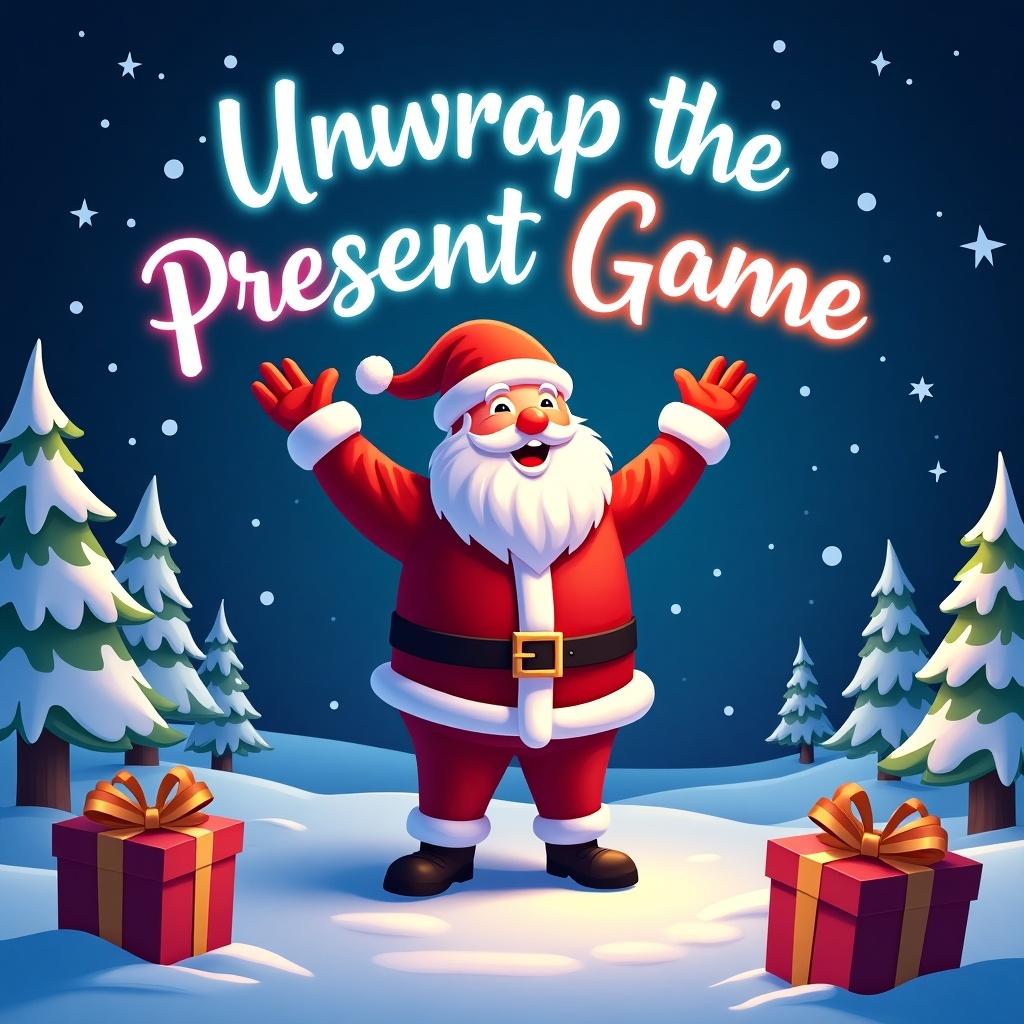 Image shows Santa Claus writing 'Unwrap the Present Game' in the night sky. Christmas theme with snow-covered trees, gift boxes in the landscape. Vibrant colors create a magical atmosphere.