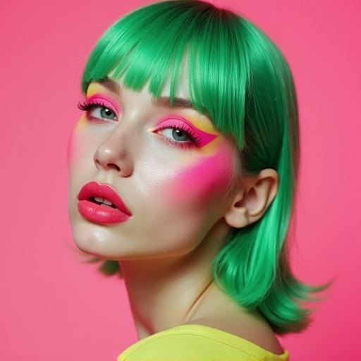 A woman displays vibrant green hair and bold pink makeup. Bright colors contrast sharply. Fashion magazine style is prominent.
