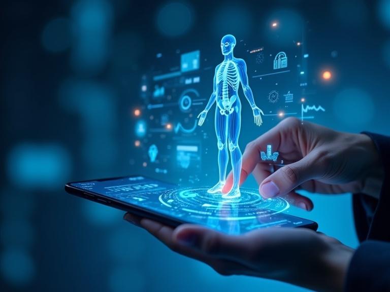 Holographic AI interfaces showcase health symbols with human anatomy. The scene features soft blue tones with dynamic lighting to enhance a futuristic atmosphere. The background has glowing stock charts and data visualizations representing mobile banking and investment.