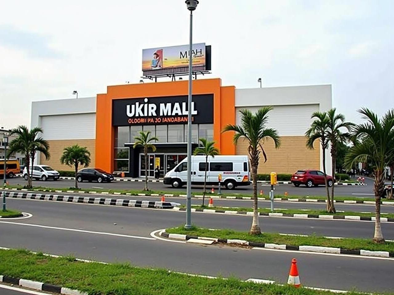 This image shows the exterior of a shopping mall named Ukir Mall, located in Pekan Rabu. The building features a modern architectural design with orange and white colors. In front of the mall, there is a large sign displaying its name, 'PEKAN RABU UKIR MALL.' The area is well-maintained with palm trees and a parking lot visible. There are several vehicles parked along the road in front of the mall. Additionally, a billboard can be seen on top of the building. The environment appears lively and urban.