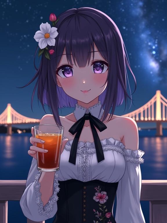 A semi-anime woman smiles gently. Dark violet hair has a white flower. She wears an off-the-shoulder blouse with lace and a black bow. A dark corset with floral embroidery is visible. She holds a glass of amber drink. The background features the Akashi Kaikyo Bridge and the Milky Way. She stands on a hotel balcony in front of the viewer.