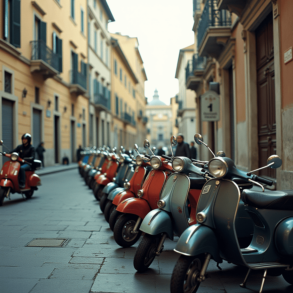 A picturesque Italian street lined with colorful vintage Vespas parked along the sidewalk.