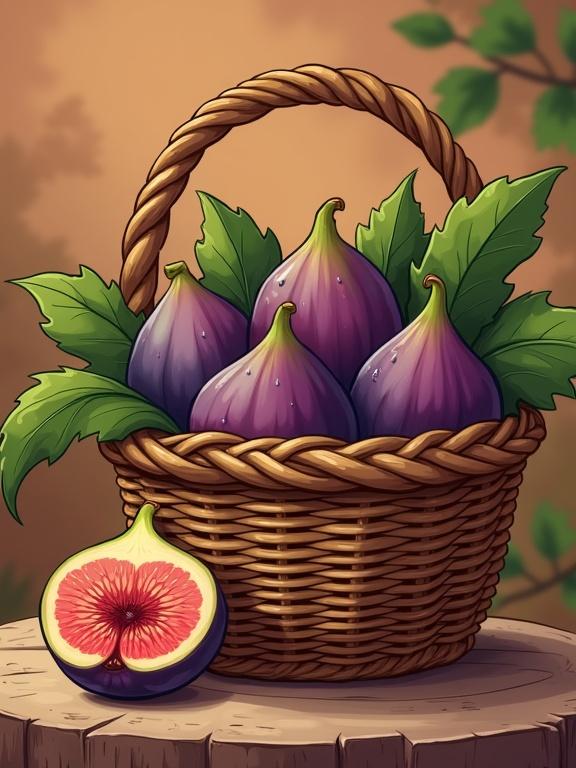 Charming cartoon illustration of wicker basket full of purple figs. Figs have soft texture and subtle cracks. Some dew or juice on figs. Large fig leaves outside basket. Rough, handwoven wicker texture. Placed on wooden table or warm Mediterranean background. Rich earthy colors and soft lighting for cozy autumn feel.