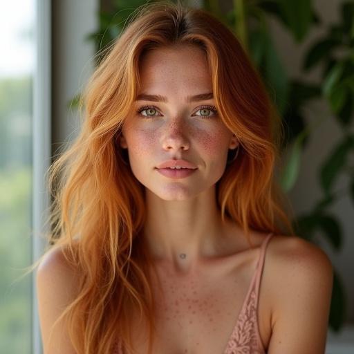 Portrait of a model named Sara with long red hair and freckles, in a naturally lit setting. She has a gentle and relaxed expression, capturing a natural beauty vibe. The background features plants.