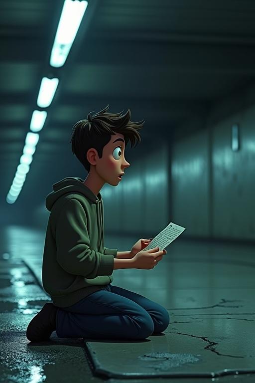 Highly stylized cartoon scene in Pixar-style 3D animated universe. Dim underground parking garage with flickering fluorescent lights and glistening puddles. Julien, a kind-hearted young man, is on his knees holding a letter. His hoodie is soaked, and jeans are stained. He looks horrified at Mathieu, a mature man lying motionless beside him. Shadows and lighting create an emotional spotlight. Ultra-cinematic framing, dramatic tension, 8K rendering.