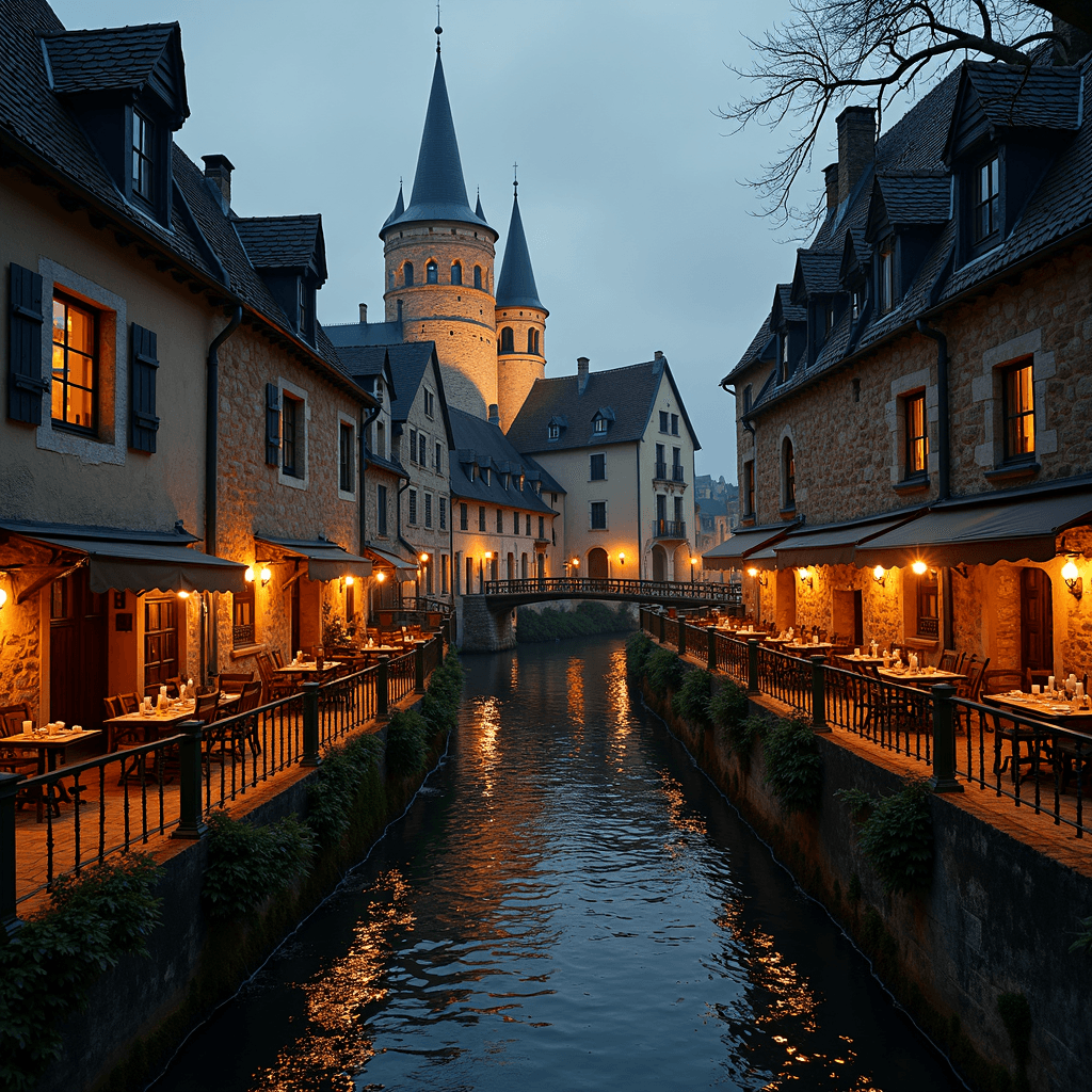 A picturesque canal lined with charming stone buildings and warm glowing lights, framed by a majestic castle in the background during a serene evening.