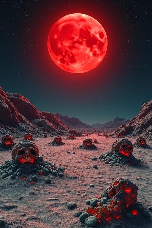 A red moon hangs in a dark sky over a desert landscape. The ground features millions of glass shards and scattered skeletal bodies. The scene has an eerie and dramatic quality.