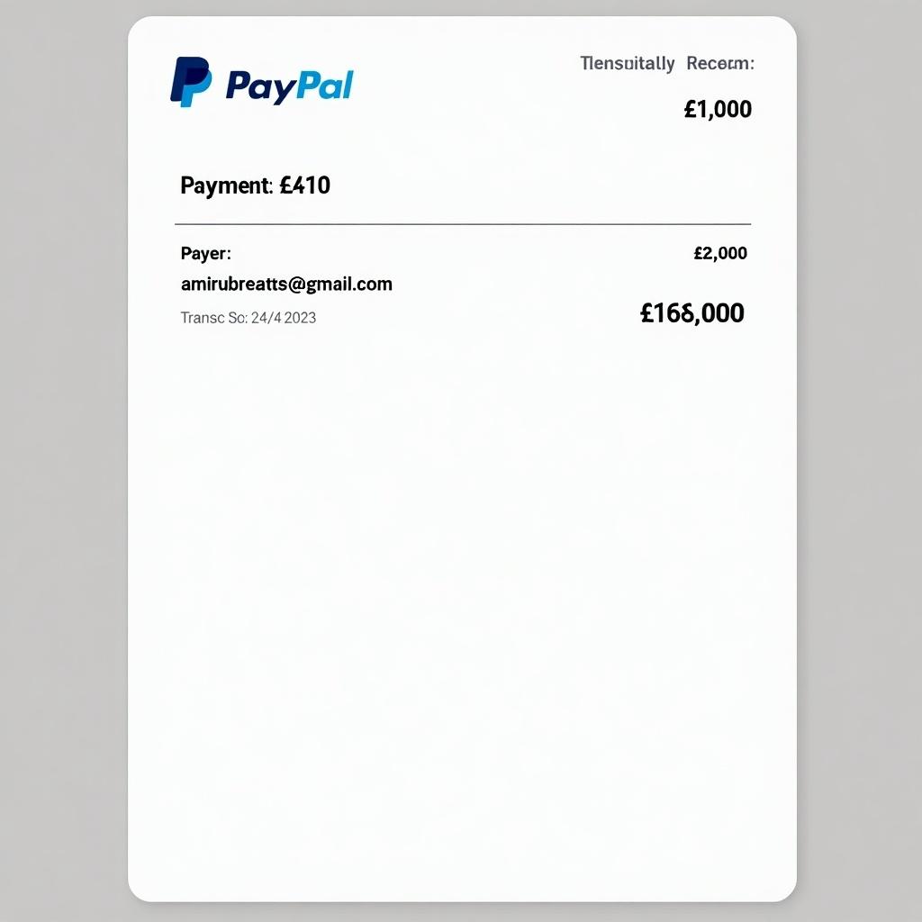 PayPal payment receipt shows transaction for £20000. Document includes PayPal logo, payer details, transaction amount, transaction number. Clean design suitable for online payments.