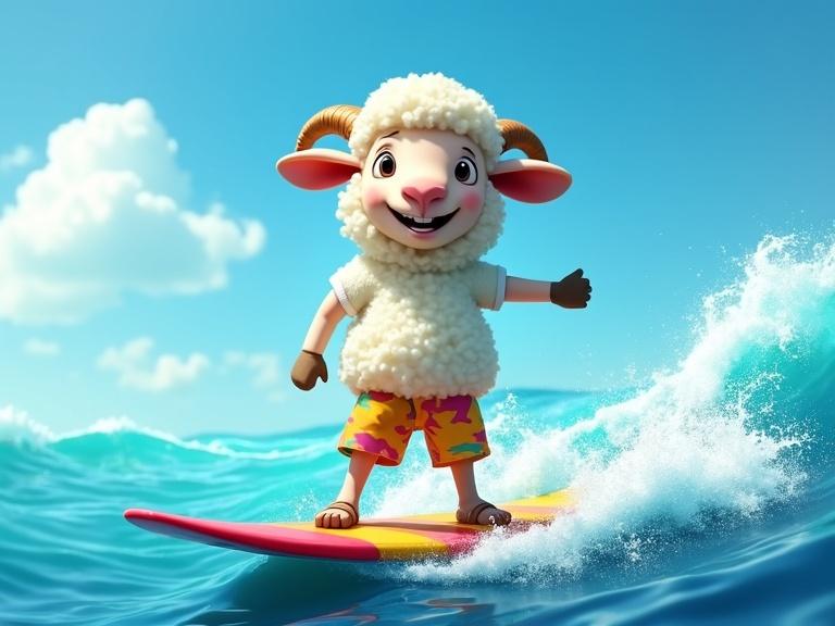 Humanoid sheep surfing in ocean on sunny day. Joyful expression. Confident stance on colorful surfboard. Fluffy white wool body. Tropical beach shorts and shirt. Vibrant blue sea with splashing waves. Clear sky with few clouds. Dynamic water spray to capture thrill of surfing.