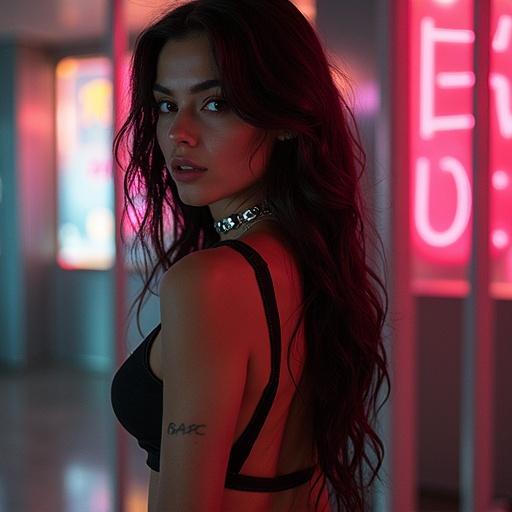 Cyberbabe wearing classy outfit poses in front of neon lights. Text on the cover says Hold Me Down.