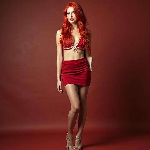 A confident woman stands in a vibrant red outfit. She has long red hair and poses frontally. Her skirt is short and the setting has a bold color scheme. The lighting is soft and flattering.