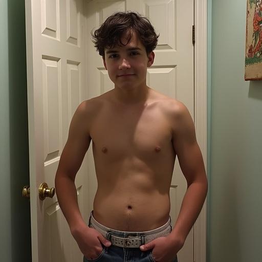 A teenage boy stands in front of a closed door. He has a casual pose with his hands on his hips displaying a relaxed demeanor. The room is softly lit and appears comfortable. The focus is on the boy's body language and expression portraying normal teenage behavior.