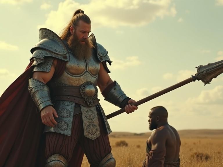 A tall and muscular warrior in shiny armor gestures with a large spear. He looks down scornfully at a smaller figure nearby. The scene conveys dominance and arrogance. Realistic details and natural light used in filming.