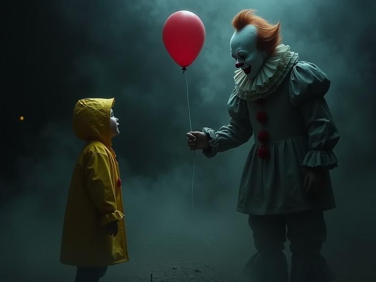 Dark cinematic horror scene with a child in a bright yellow raincoat facing a sinister clown. Clown has ghostly white skin and red markings. He holds a red balloon toward the child. Background is black with thick fog and dramatic lighting.