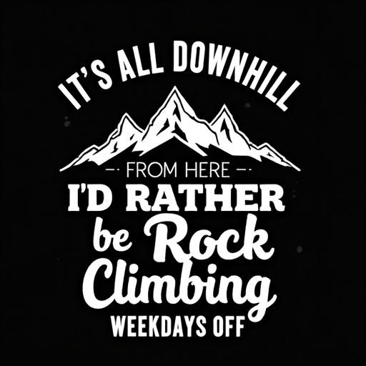 Black t-shirt with white text and graphics. Upper text says IT'S ALL DOWNHILL FROM HERE in curved sans-serif font. Three mountain peaks illustrated below. Main text is I'D RATHER be Rock Climbing with I'D RATHER in smaller font above larger script font of Rock Climbing. Below Climbing is a distressed horizontal line. Under line is WEEKDAYS OFF in smaller font.