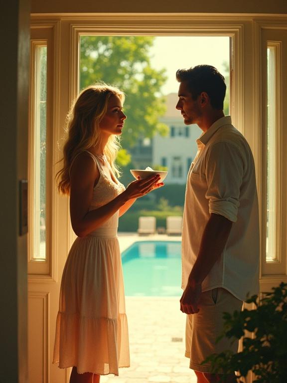 Sunlit suburban porch in upscale neighborhood. A woman holds a sugar bowl. She wears a summer dress. A handsome man stands just inside the house. Their expressions show curiosity and attraction. A pool is in the background with his wife lounging. The scene has warm sunlight and vibrant greens.