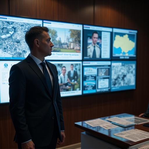 A man in a suit stands in a presidential office's situation room. He is engaged in conversation with military commanders and advisors. Screens display damage reports and maps. The setting reflects a serious assessment of defense measures and diplomacy.