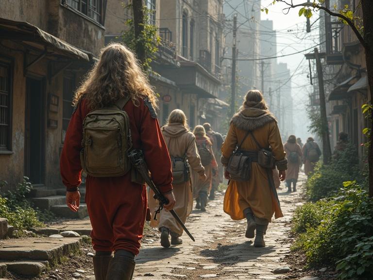 People walking down a cobbled street through an old urban area. Misty and atmospheric environment. Characters wearing warm clothing with backpacks. Multiple figures heading in the same direction. Vintage architecture and natural elements in the scene.