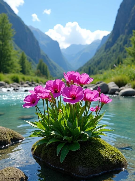 Vibrant flowers on moss rock in clear stream surrounded by mountains. Magenta flowers layered with yellow ones. Glossy green leaves create dense base. Medium rock with patches of moss. Bright blue-green stream reflects sky. Towering mountains covered in forest in background.