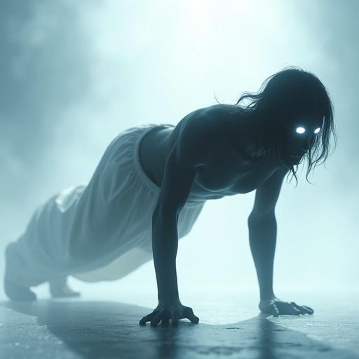 Mysterious humanoid figure performs a push-up in an ethereal space. Figure has shadow-like body with glowing white eyes. Hair flows back as if suspended. White cloth pants contrast against dark skin. Background is a misty void with light from below.