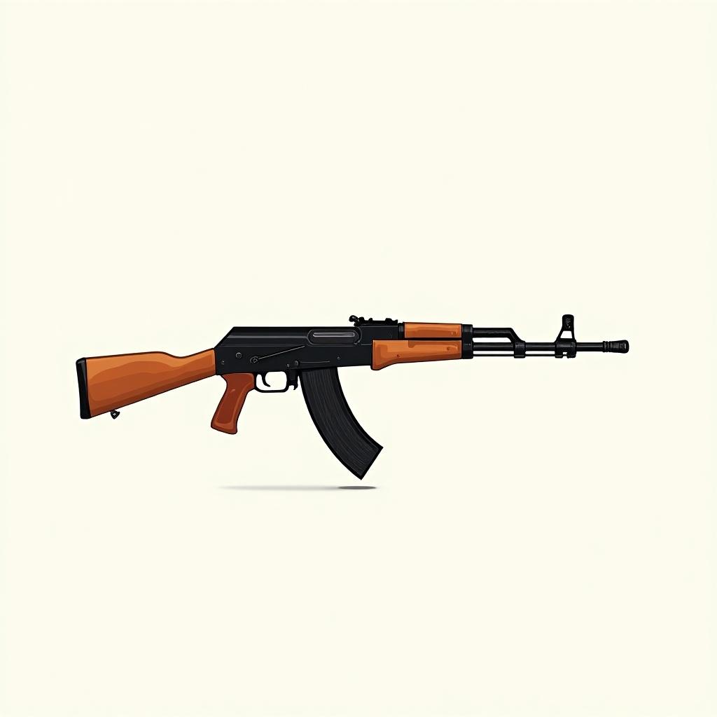 Illustration of an AK-47 rifle. The gun has a black barrel and receiver. The stock and handguard are wooden. The background is light beige. No other elements are in the image.