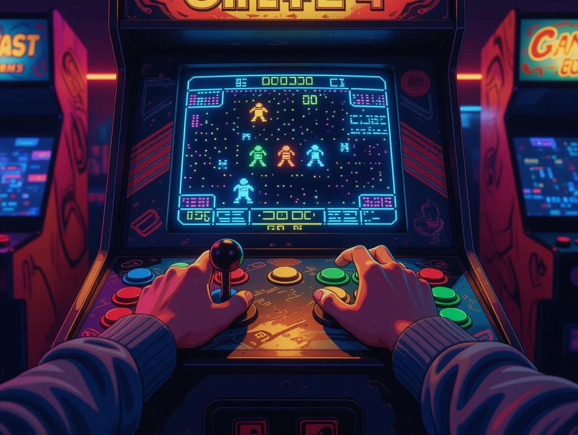 First-person view of a person playing a vintage arcade machine. Realistic human hands gripping joystick and pressing buttons. Glowing CRT screen shows an 8-bit game with pixel art characters. Screen glow illuminates hands and machine. Reflections on glass surface, old-school decals visible. Dark arcade ambiance with soft neon lighting, no other people or machines. Focus on immersive nostalgic experience.