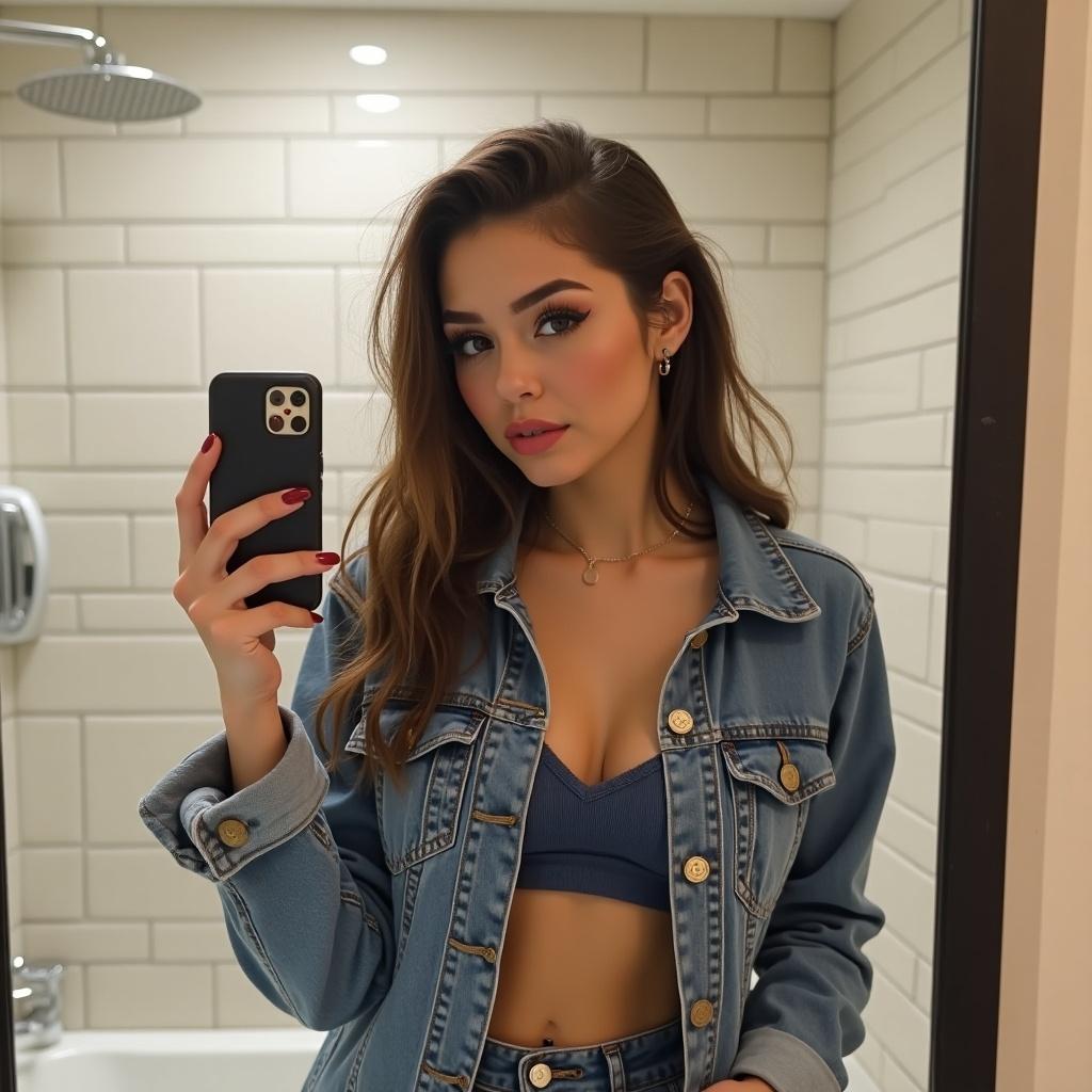 Trendy selfie captured in a bathroom by a young person. Subject wears bold makeup and denim outfit. Subject holds a smartphone in front of a mirror. Bathroom has neutral tile aesthetic.