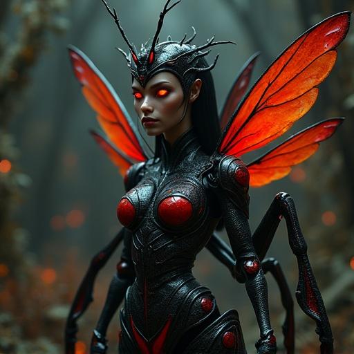 Majestic ant queen is a beautiful female with human face. Body features include ant-like details. Armor shows glossy black and deep red colors. Six limbs consist of two human-like arms and four insectoid limbs. Waist extends into segmented glowing abdomen. Elegant veined wings on her back. Antennae move gently from forehead. Eyes glow like rubies, expression is regal and commanding. Set in dark underground ant palace with glowing roots and larvae chambers. Realistic fantasy with macro detail and dark aesthetic.