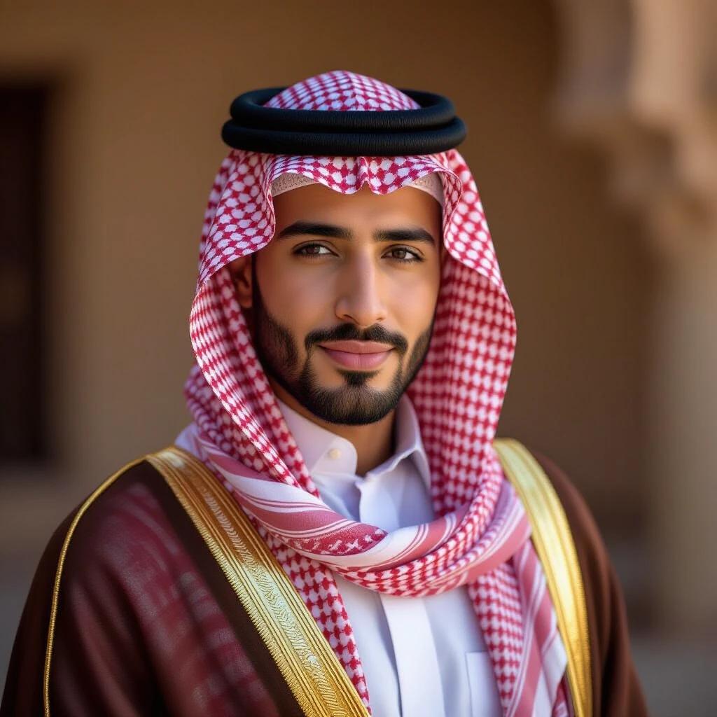 Image of a man in traditional Arabic attire. The man wears a ghutrah and bisht. The setting reflects Middle Eastern architecture.