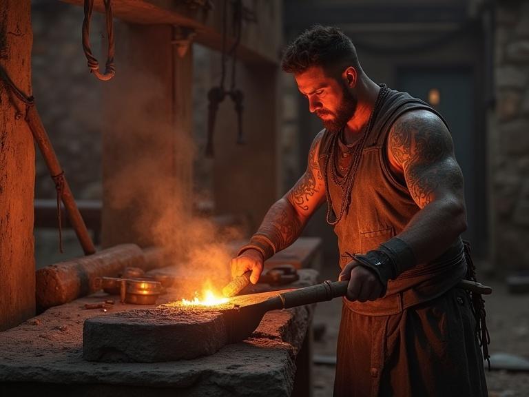 Scene set in an iron age forge with a tribal blacksmith. Focus on the smith working with molten metal. Workshop illuminated by firelight. Character adorned with clan tattoos and dressed in leather garments. No modern technology present. Emphasis on heat shimmer and smoke.