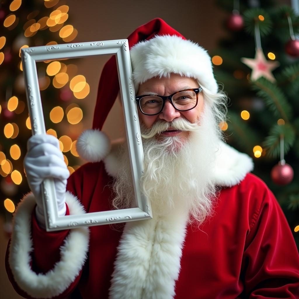 Santa wearing glasses holding a large white picture frame with a Christmas tree in the background.